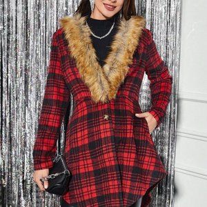 Casual Plaid Print Faux fur Trim Overcoat jacket